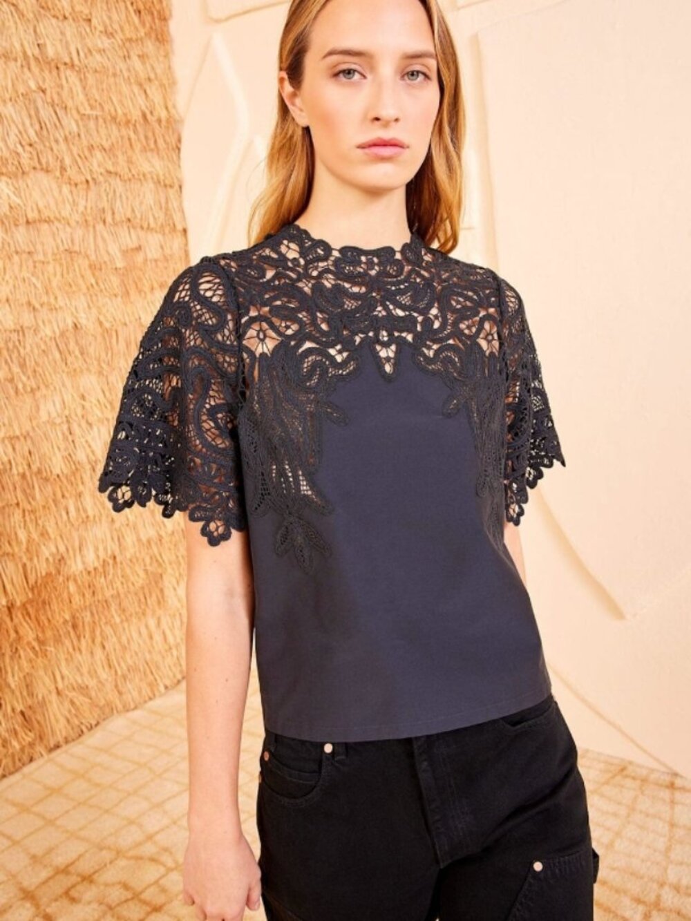 NWOT ULLA JOHNSON Delia Lace Top in Noir M $550